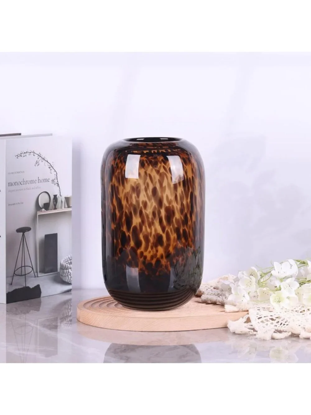 Hand Blown Amber Brown Glass Vase - Tortoise Shell Pattern, Decorative